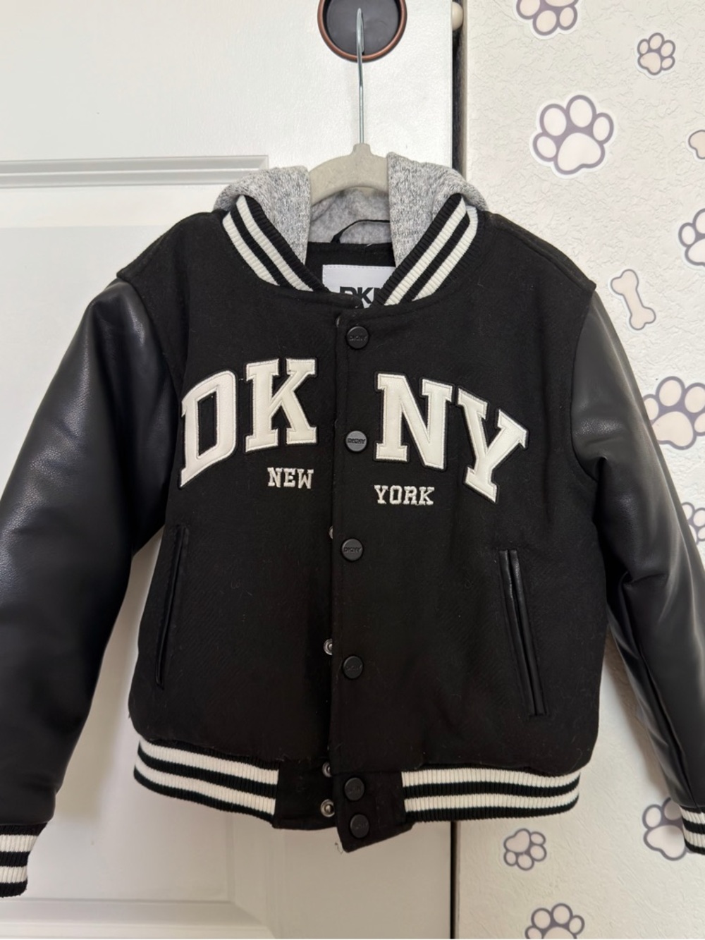 DKNY Black and White Varsity Jacket with Leather-Like Sleeves